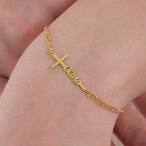 14K Solid Gold Cross Name Bracelet, Baptism Bracelet Custom Name Bracelet, Cross Bracelet with Name, Baby Gold Bracelet, Personalized Gift