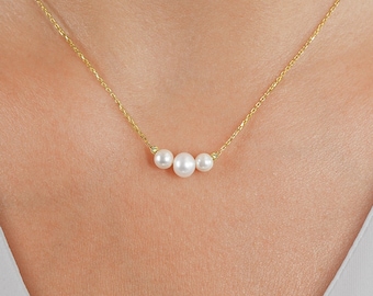 14K Solid Gold Triple Pearl Necklace, Small Real Pearl Necklace, Dainty Freshwater Pearl Jewelry,  30th Birthday Gift, Mothers Day Gifts