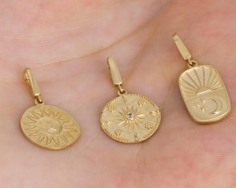 14K Solid Gold Sunburst Necklace, Disc Sun Charm, Charm with Push Clasp,Sunburst Pendant, Add on Charms for Necklace or Bracelet or Earrings