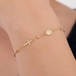 14K Solid Gold Cross Bracelet, Rosary Bracelet for Women, Miraculous Medal, Ball and Cross Bracelet for Women, Gift for Mom for Women