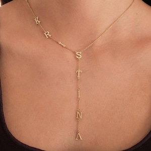 14K Solid Gold Personalized Lariat Name Necklace, Name Drop Necklace, Initial Jewelry Birthday Gift