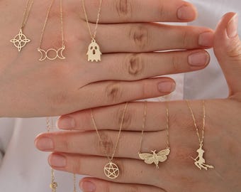 14K Solid Gold Moth Necklace, Insect Necklace, Luna Moth Necklace, Witch Jewelry, Moth Wings Necklace, Moth Pendant, Birthday Gift Her