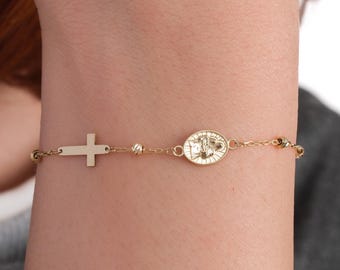 St Anne Bracelet, Religous Bracelet, 14K Solid Gold or Gold Plated