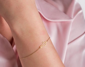 14K Massivgold Kreuz Armband, minimalistischer Kreuz Schmuck, religiöses Armband, Geburtstagsgeschenk Sie