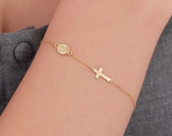 14K Solid Gold Miraculous Medal Bracelet, Catholic Rosary Bracelets for Women, Gift for Mom