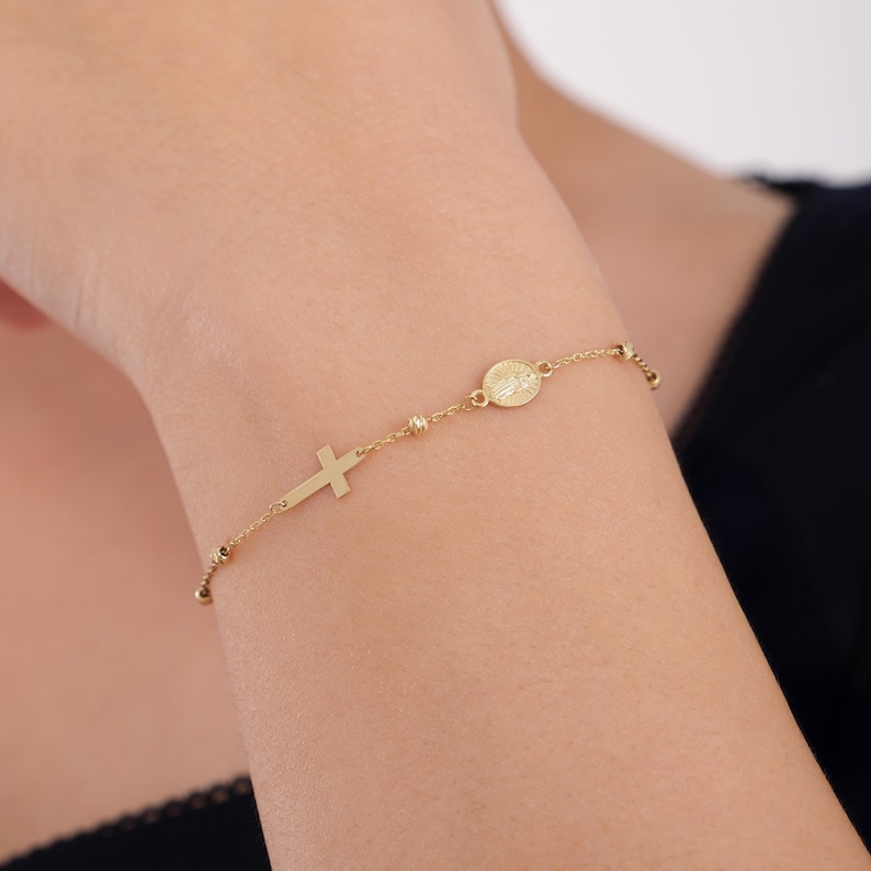 14K Solid Gold Cross Bracelet, Rosary Bracelet for Women, Miraculous Medal, Ball and Cross Bracelet for Women, Gift for Mom for Women