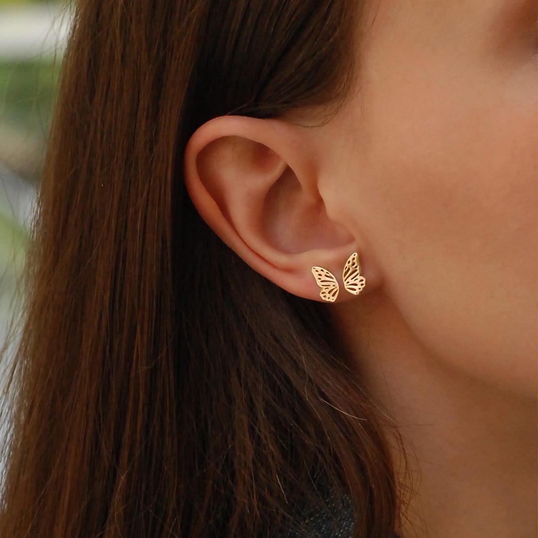 Buy 14K Solid Gold Butterfly Wing Earrings, Double Piercing Earrings,  Butterfly Stud Earrings, Butterfly Earrings, Christmas Gift Online in India 