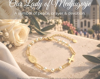 Virgin Mary of Medjugorje Bracelet, 14K Gold Vermeil Pearl Rosary, Christmas Gift