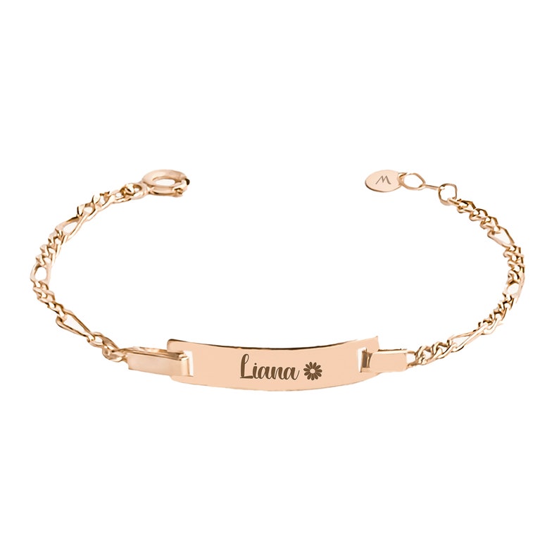 Rose gold baby ID bracelet personalized with the name 'Liana' and a flower symbol, with a clasp detail.