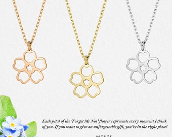 14K Solid Gold Forget Me Not Necklace, Forget Me Not Flower for Women,  Flower Necklace, 5th Anniversary Gift, Gift for Mothers Day