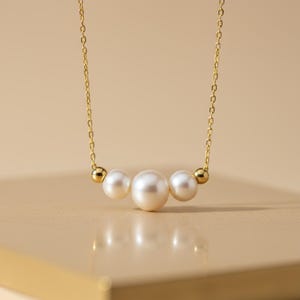 14K Solid Gold Triple Pearl Necklace, Small Real Pearl Necklace, Dainty Freshwater Pearl Jewelry,  30th Birthday Gift, Christmas Gift Mom