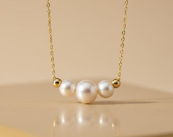 14K Solid Gold Triple Pearl Necklace, Small Real Pearl Necklace, Dainty Freshwater Pearl Jewelry,  30th Birthday Gift, Birthday Gift Mom
