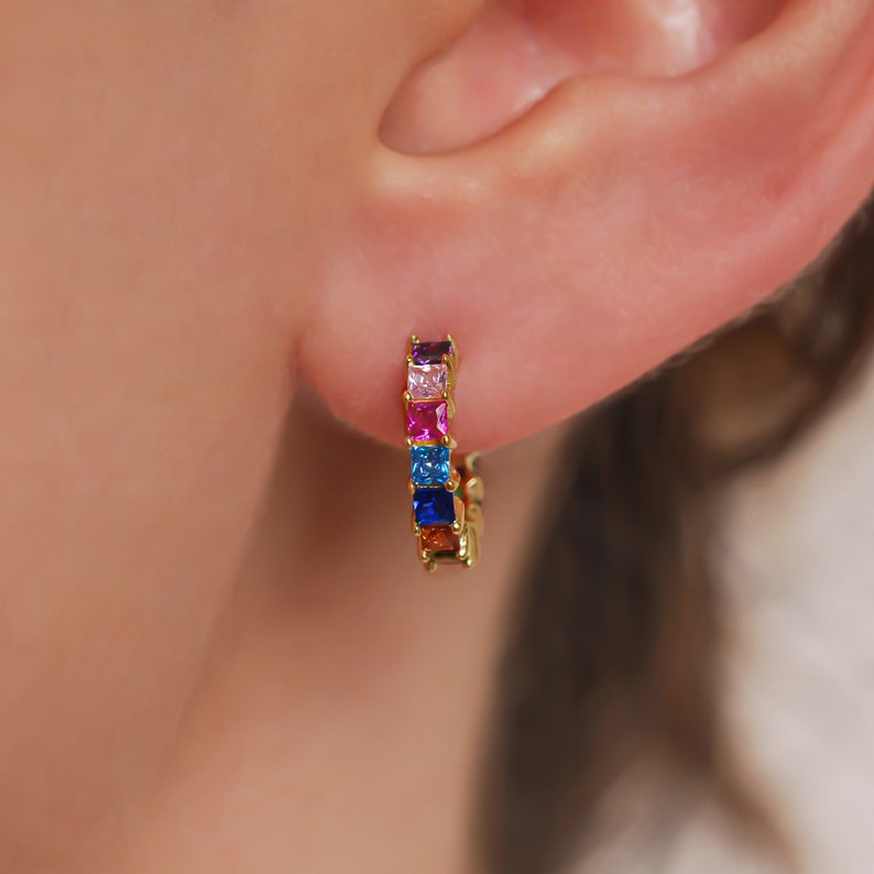14K Solid Gold Rainbow Stone Hoop Earrings, Multi Colour Huggies, Multicolored C-Shaped Earrings, Diamond Hoop Earrings, Bridesmaid Gift