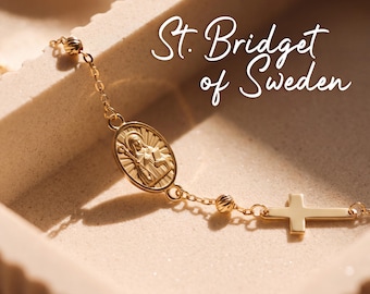 St Bridget of Sweden Bracelet, Catholic Religious Jewelry, Solid Gold or Gold Plated