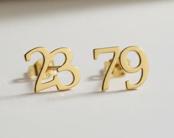 14K Solid Gold Number Stud Earrings, Personalized Earrings, Custom Number Earrings, Gift for Women