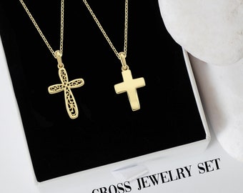 MIONZA 14K Solid Gold Cross Necklace Set, Gold Cross Jewelry for Women, Crucifix Necklace, Birthday Gift for Mom, %10 OFF BUNDLE Price