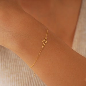 Solid Gold Cross Bracelet, 14K Dainty Crucifix Tiny Bracelet for Kids and Baby, Cross Jewelry, Religious Bracelet, Mothers Day Gifts