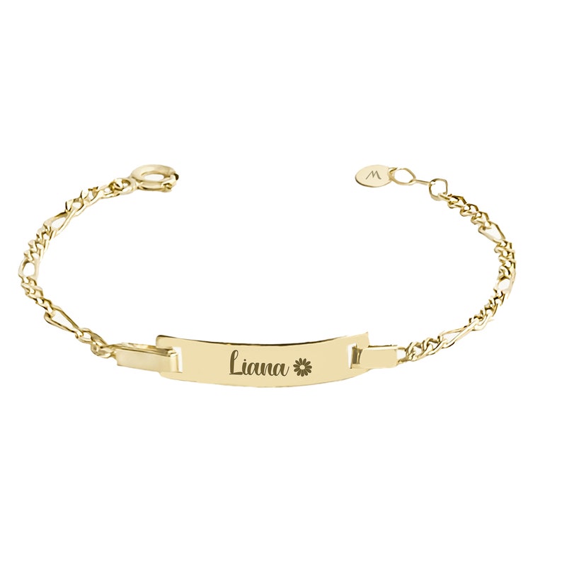 Gold baby ID bracelet personalized with the name 'Liana' and a flower symbol, with a clasp detail.