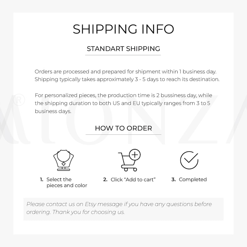 May include: An informational graphic with black text on a white background. It includes the headings SHIPPING INFO, STANDART SHIPPING, and HOW TO ORDER. It features three icons: a necklace on a stand, a shopping cart with a plus sign, and a checkmark.