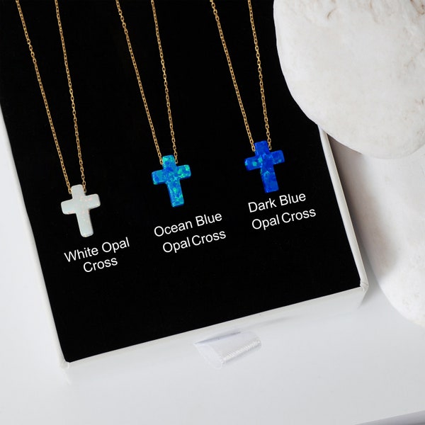 14K Solid Gold Opal Cross Necklace, White and Blue Opal Cross Pendant, Christian Necklace, Crucifix Necklace, Mothers Day Gifts