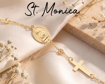 St Monica Bracelet, Patron Saints Medal, 14K Solid Gold or Gold Plated