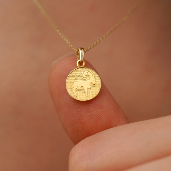 14K Solid Gold Aries Necklace, Zodiac Necklace, Aries Jewelry, Astrology Necklace, Gold Aries Coin Necklace, Zodiac Jewelry, Gift for Mom