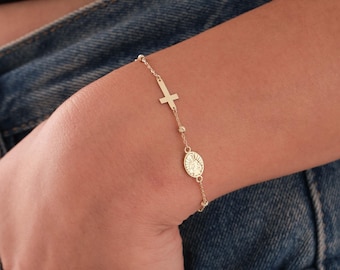 Katholische Armbänder aus 14-karätigem Gold, Kreuzarmband, Medaille mit Heiligenmotiv, Geburtstagsgeschenk für Mama