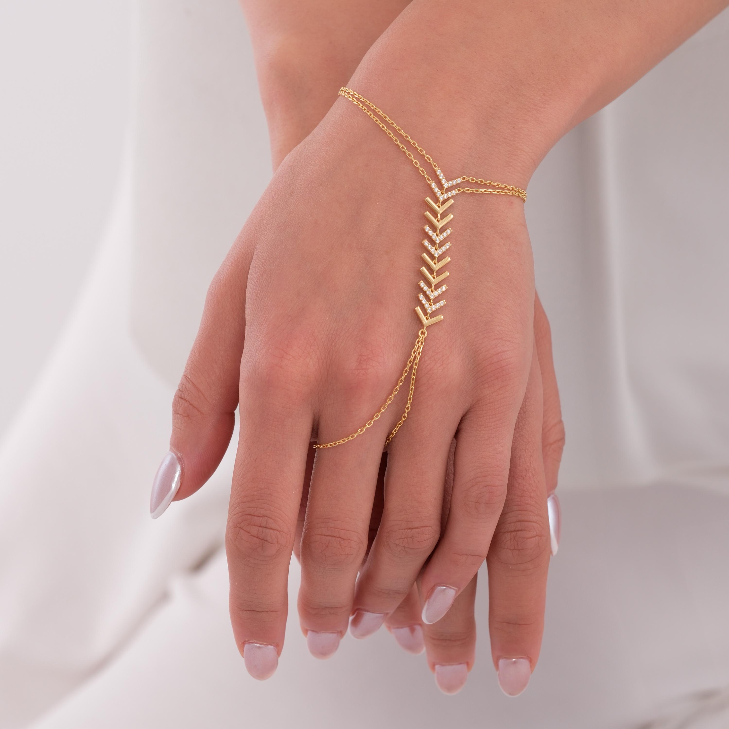 Women's Gold Metal Chain Wrist Bracelet – Rhinestone Chevron Slave Bling Ring, Fashion Jewelry