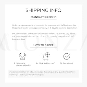 K&ouml;nnte beinhalten: Eine informative Grafik mit schwarzem Text auf wei&szlig;em Hintergrund. Sie enth&auml;lt die &Uuml;berschriften SHIPPING INFO, STANDART SHIPPING und HOW TO ORDER. Sie zeigt drei Symbole: eine Halskette auf einem St&auml;nder, einen Einkaufswagen mit Pluszeichen und ein H&auml;kchen.