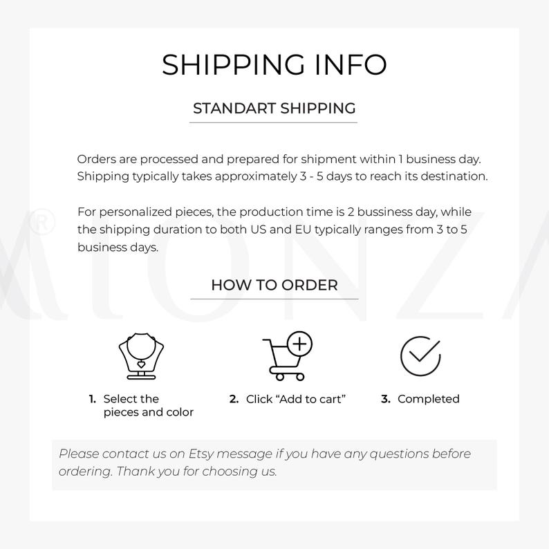 K&ouml;nnte beinhalten: Eine informative Grafik mit schwarzem Text auf wei&szlig;em Hintergrund. Sie enth&auml;lt die &Uuml;berschriften SHIPPING INFO, STANDART SHIPPING und HOW TO ORDER. Sie zeigt drei Symbole: eine Halskette auf einem St&auml;nder, einen Einkaufswagen mit Pluszeichen und ein H&auml;kchen.