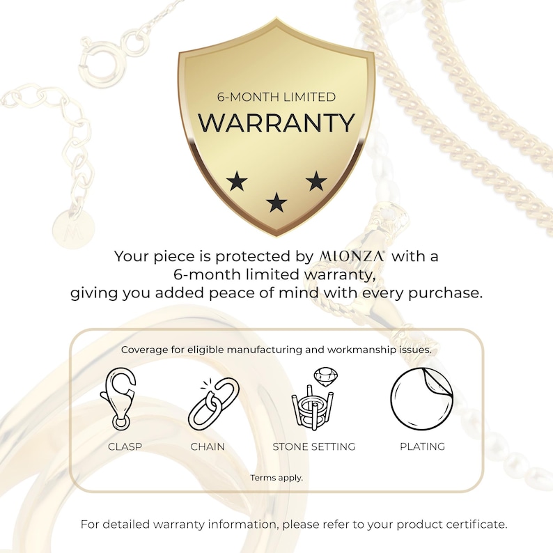 K&ouml;nnte beinhalten: Eine goldene Schildgrafik mit dem Text 6-MONTH LIMITED WARRANTY und drei Sternen. Darunter steht, dass das Schmuckst&uuml;ck durch MIONZA mit einer 6-monatigen Garantie gesch&uuml;tzt ist. Ein Kasten zeigt die Abdeckung f&uuml;r Verschluss, Kette, Steinfassung und Beschichtung.
