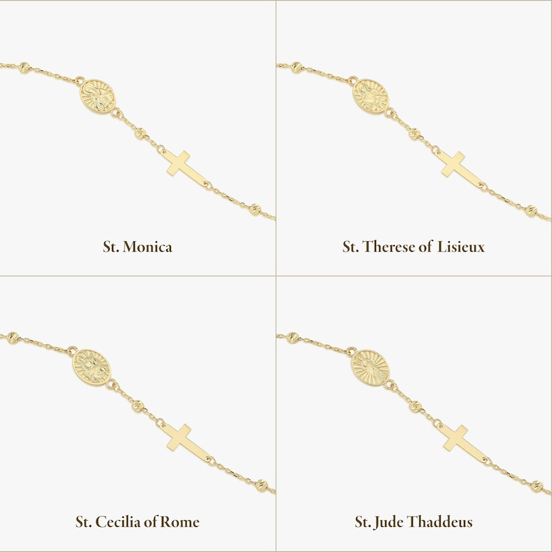 K&ouml;nnte beinhalten: Ein goldenes Kettenarmband mit einem kleinen Kreuz und einem ovalen Anh&auml;nger mit einer religi&ouml;sen Figur. Vier Varianten sind mit St. Monica, St. Therese of Lisieux, St. Cecilia of Rome und St. Jude Thaddeus beschriftet, jede mit einem Heiligenbild.