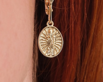 14K Gold Plated Saint Medal Earrings, Leverback Earrings, Christmas Gift Mom