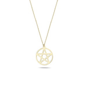 Simple and elegant gold pentagram necklace on a fine chain, isolated on a white background to emphasize the geometric design of the pendant.