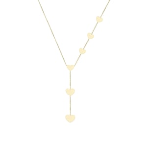 Gold heart Y necklace with descending heart pendants on a plain background.