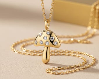 Colar com pingente de cogumelo em ouro vermeil 18K, pequeno pingente de cogumelo, presente para amantes de cogumelos, presente de aniversário para ela.
