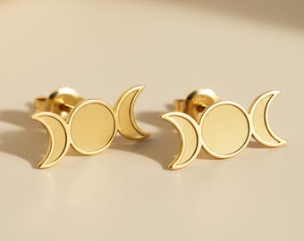 14K Solid Gold Triple Moon Stud Earrings, Wiccan Earrings, Goddess Jewelry, Moon Phases Earrings, Birthday Gift Her