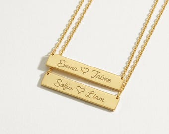 14K Solid Gold Personalized Name Bar Necklace, Two Name Pendant, Christmas Gift