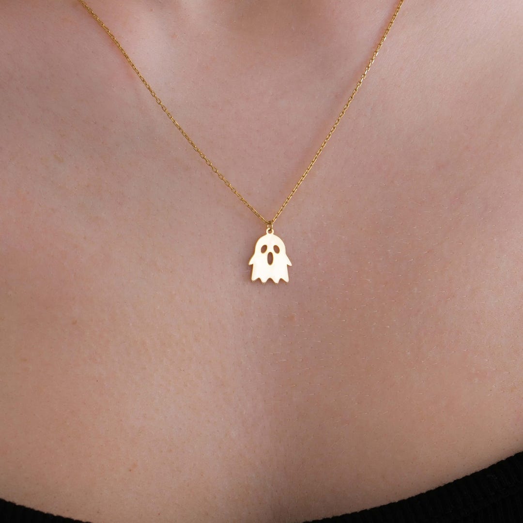 14K Solid Gold Ghost Pendant Necklace, Spooky Halloween Jewelry ...