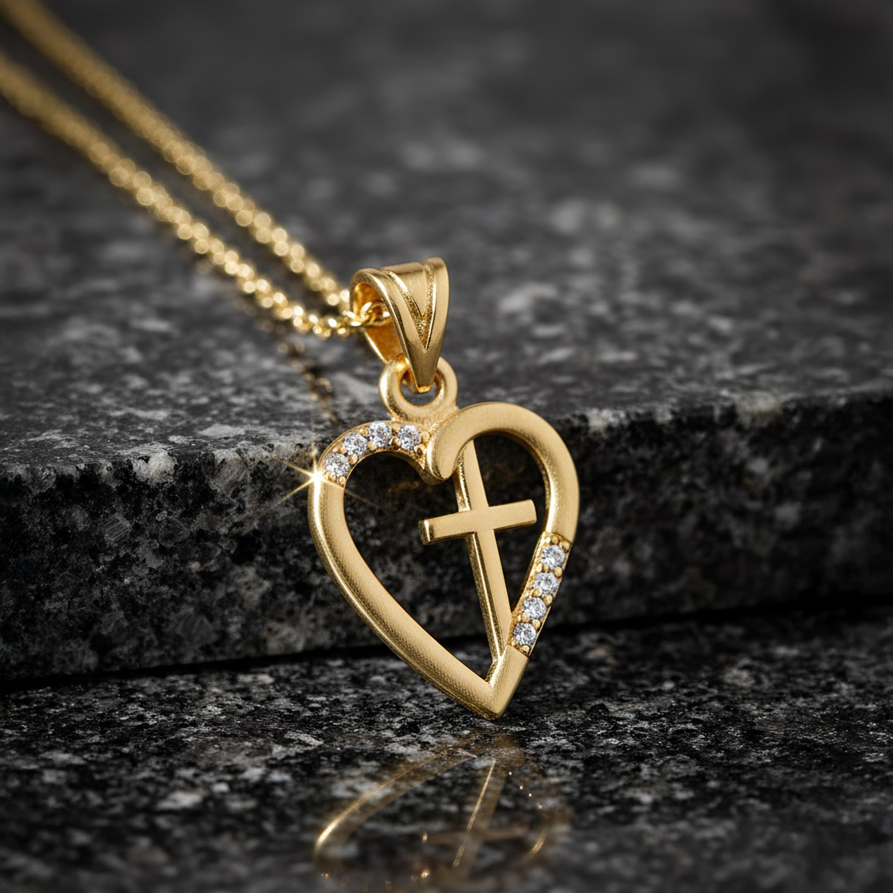 18K Gold Vermeil Heart Cross Necklace, Cross Inside Heart Pendant