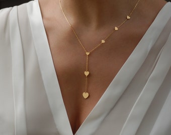 Collana a cuore in oro massiccio 14K, Collana Lariat, Collana a Y in oro a cuore, Collana d'amore, Collana a cuore a strati, Regalo per la mamma