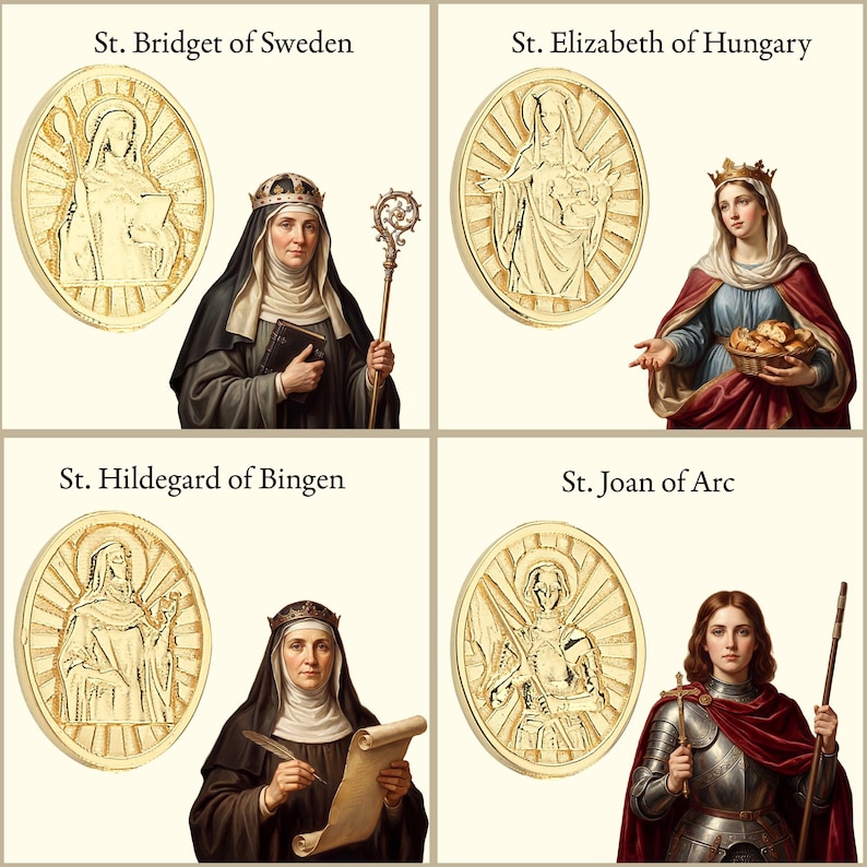 K&ouml;nnte beinhalten: Ein Raster aus vier ovalen, goldfarbenen Medaillons, gepaart mit Portr&auml;ts der heiligen Birgitta von Schweden, Elisabeth von Ungarn, Hildegard von Bingen und Johanna von Orl&eacute;ans. Jedes Medaillon zeigt ein Relief der Heiligen mit einem Strahlenkranz.