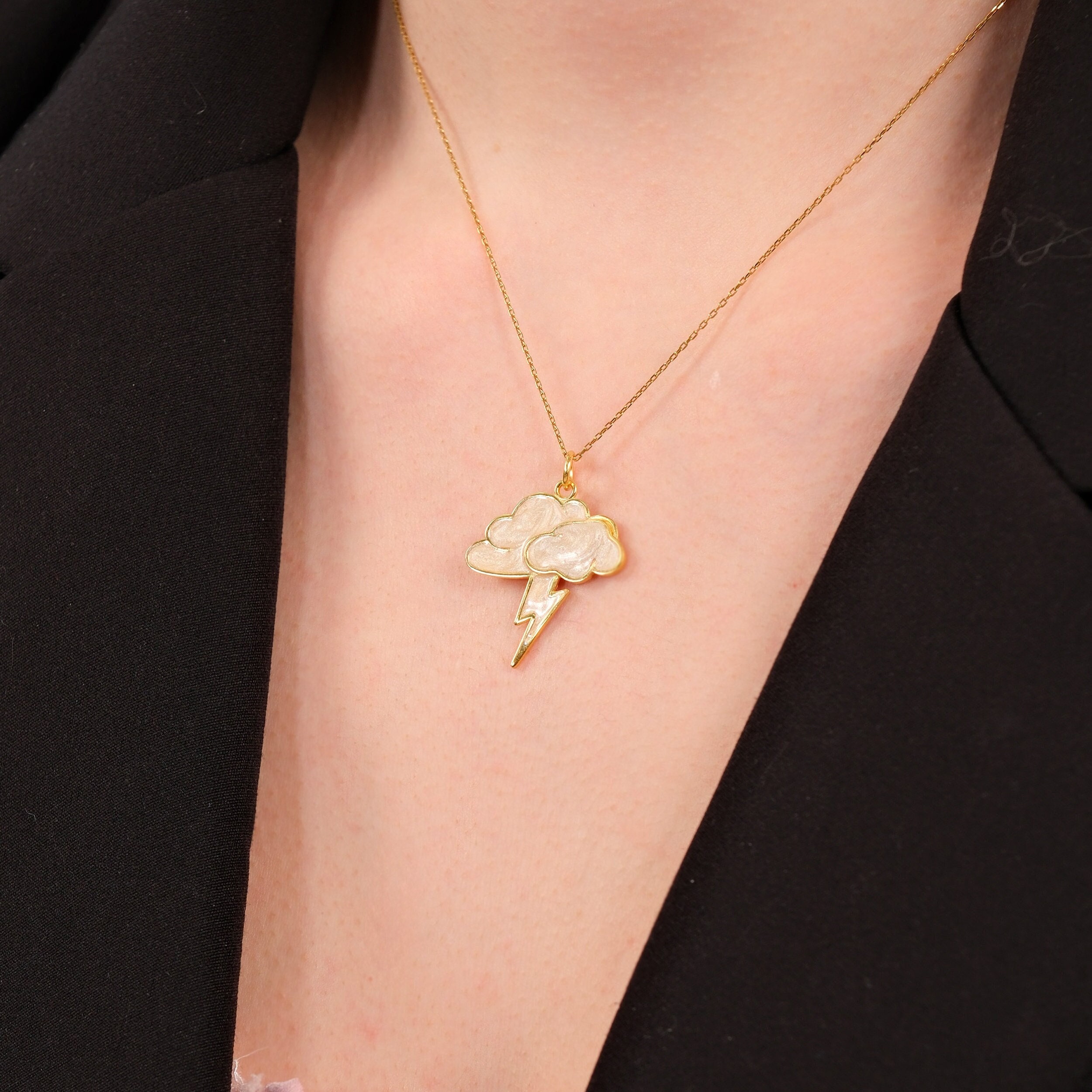 14K Gold Vermeil Clouds and Lightning Bolt Necklace, Cloud Jewelry, Lightning Bolt Pendant, Celestial Necklace, Birthday Gift