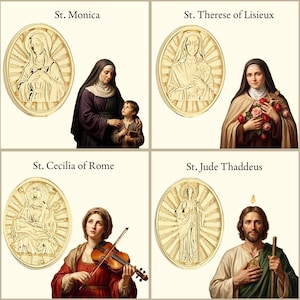 K&ouml;nnte beinhalten: Vier ovale Medaillons aus goldfarbenem Metall mit gepr&auml;gten Portr&auml;ts von St. Monika, St. Therese von Lisieux, St. C&auml;cilia von Rom und St. Judas Thadd&auml;us, gepaart mit farbigen Abbildungen der Heiligen unter ihren jeweiligen Namen.