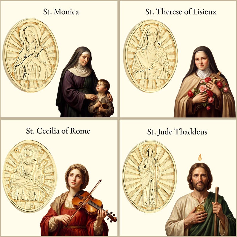 K&ouml;nnte beinhalten: Vier ovale Medaillons aus goldfarbenem Metall mit gepr&auml;gten Portr&auml;ts von St. Monika, St. Therese von Lisieux, St. C&auml;cilia von Rom und St. Judas Thadd&auml;us, gepaart mit farbigen Abbildungen der Heiligen unter ihren jeweiligen Namen.