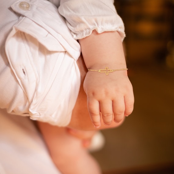 14K Solid Gold Cross Bracelet, Dainty Crucifix Tiny Bracelet for Kids and Baby, Baptism Gift, Religious Charm, Baby Boy, Baptism Gift Girl