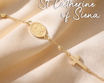 St St Catherine of Siena Bracelet, Medal Charm, 14K Solid Gold or Gold Plated