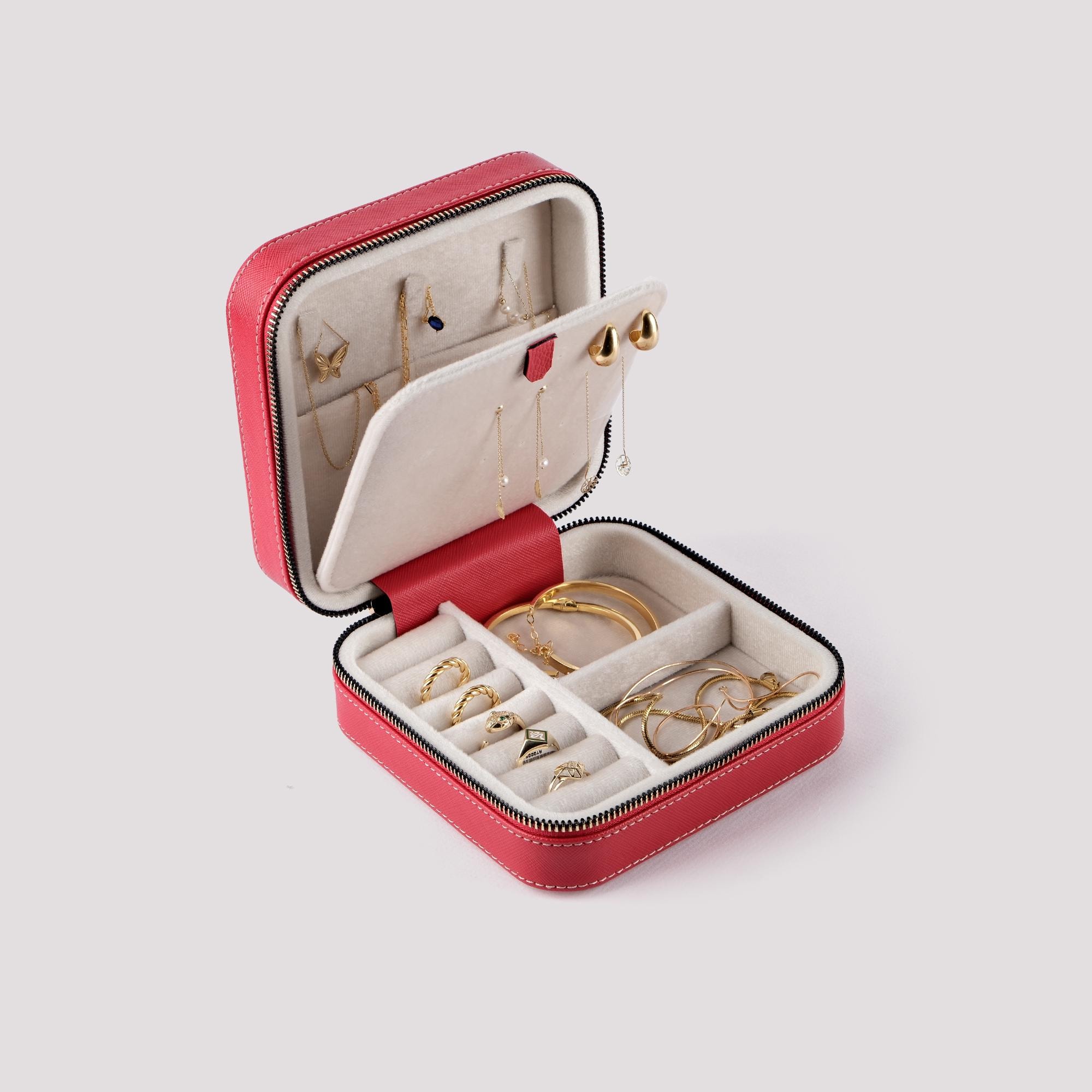 MIONZA Personalized Jewelry Box, Jewelry Organizer, Custom Travel Jewelry Case, Red Jewelry Box, Leather Jewelry Case, Birthday Gift