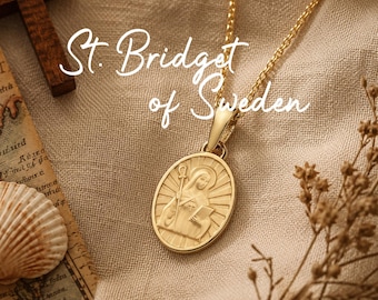 St Bridget of Sweden Medal Necklace, Catholic  Pendant, Solid Gold or Gold Plated