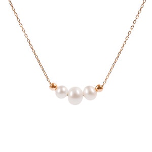 14K Solid Gold Triple Pearl Necklace, Small Pearl Necklace, Dainty ...